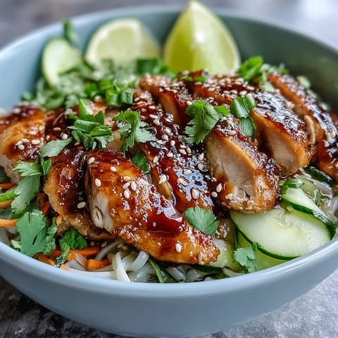 Ein aromatisches Nudelgericht in einer Schüssel, serviert mit Sesam und frischem Koriander.  