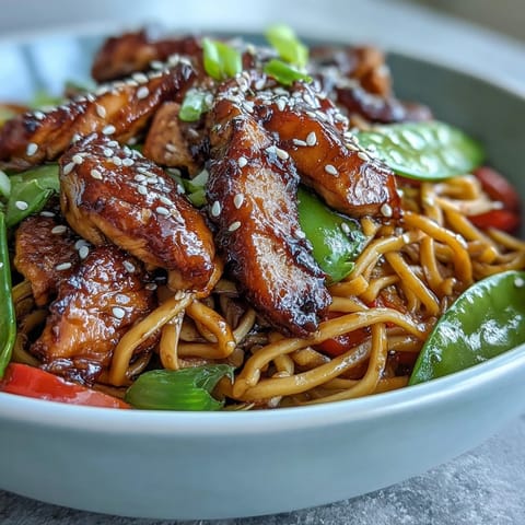 Eine dampfende Schüssel Sesame Chicken Noodle Bowl mit knusprigem Gemüse, zarter Hühnchenbrust und glatten Nudeln, belegt mit Sesamsamen.