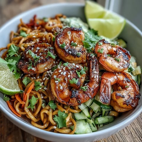 In this 15-Minute Asian Noodle Bowl With Grilled Shrimp, succulent shrimp top colorful sesame noodles scattered with crunchy carrots and cucumbers.
