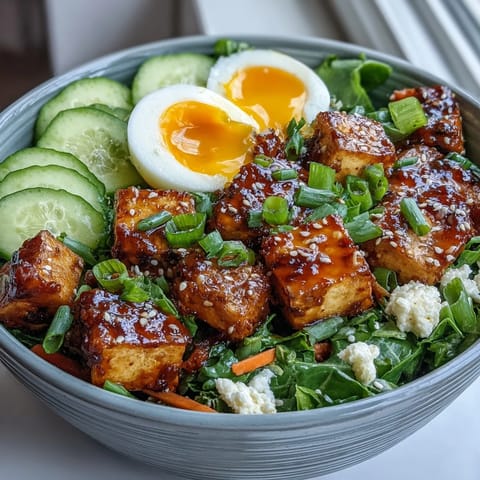 Frühstücksbolle mit Tofu und jammy eggs, übergossen mit würzigem Ingwer-Schnittlauch-Sauce, auf milder Spinatbase.