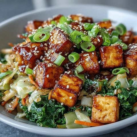 Ein leckerer Tofu Egg Roll in a Bowl mit gebratenem Tofu, knackigem Kohl, Zucchini und einer würzigen asiatischen Sauce.