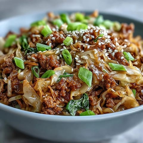 Goldbraun gebratenes Egg Roll in a Bowl, garniert mit Sesamsamen und grünen Zwiebeln auf weißem Hintergrund.