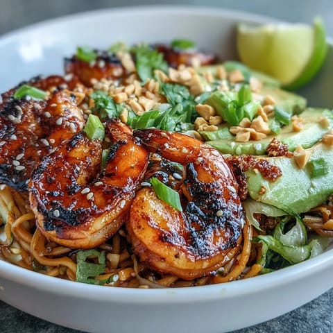 Ein Teller mit gegrillten Garnelen auf sesamigen Eiernudeln, belegt mit knackiger Gurke, frischen Sprossen, cremiger Avocado und gerösteten Erdnüssen.