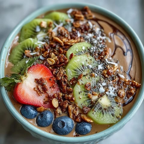 Creamy Hojicha Smoothie Bowl topped with crunchy granola, fresh berries, and sliced kiwi for a nutritious Japanese-inspired breakfast.