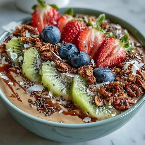 Two vibrant Hojicha Smoothie Bowls with bananas, almond milk, and colorful fruit toppings, served as a refreshing snack.