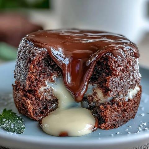 Frisch gebackene Hojicha Lava Cake mit flüssigem grünem Tee-Kern und Puderzucker bestreut