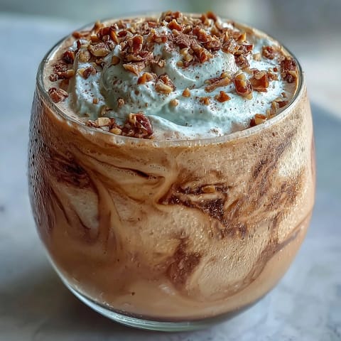 Hojicha Milkshake mit geschmolzenem Vanilleeis, cremig und aromatisch in einem Glas serviert.
