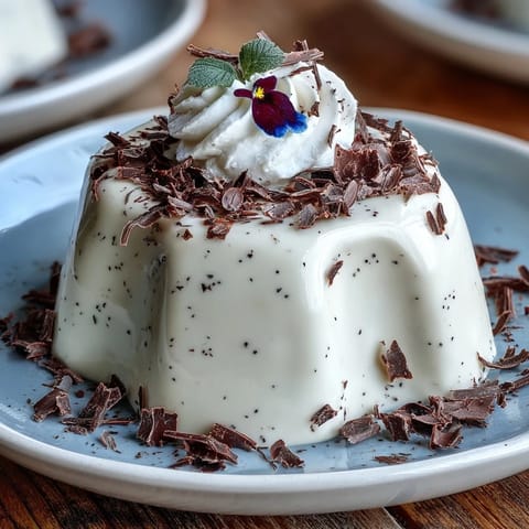 Perfekt gesetzte Hojicha Panna Cotta mit zarter Wackelprobe und essbaren Blüten als Deko.