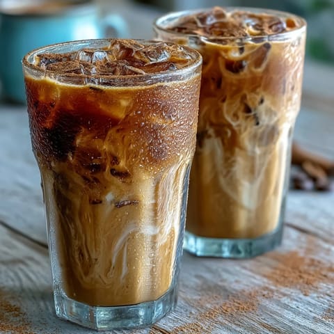 Portion Iced Hojicha mit Zimt mit aufgeschäumter Milch und einem Hauch Gewürz.