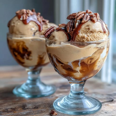 Zwei Gläser Hojicha Affogato mit cremigem Vanilleeis und einem dramatischen Wolkenschleier aus Tee.