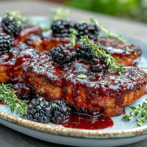 Tender Bourbon Blackberry Pork Chops on a plate with bright berries and a savory, tangy glaze.