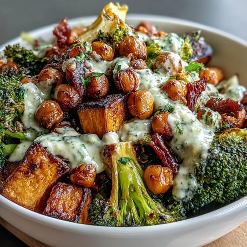 Crispy chickpeas and roasted veggies in Roasted Veggie & Chickpea Bowls, drizzled with maple Dijon tahini dressing.