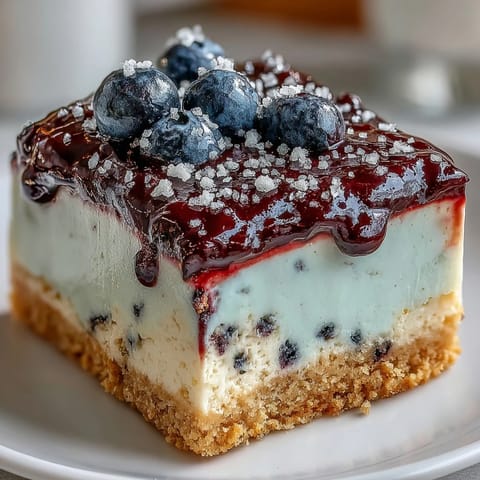 Frisch aufgeschlagene Zitronenmousse und blauer Kompott auf knuspriger Shortbread-Basis.