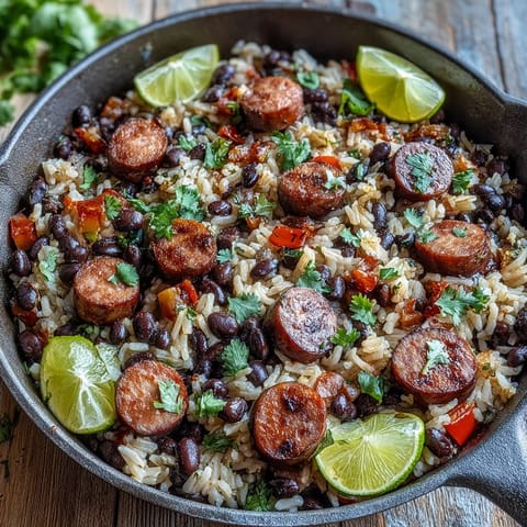 Rote Pfefferscheiben und Wurststücke in einem Black Beans, Sausage, and Rice Skillet, serviert mit frischem Koriander.
