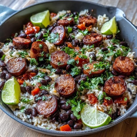 Ein dampfendes Black Beans, Sausage, and Rice Skillet mit saftigen Bohnen und gewürzter Tomatenbasis auf einem Holztisch.