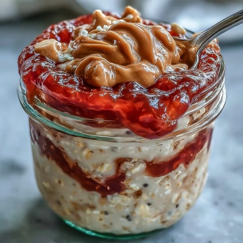 Gekühlte High-Protein Peanut Butter & Jelly Overnight Oats mit frischen Erdbeerscheiben und Erdnussbutter-Glasur.