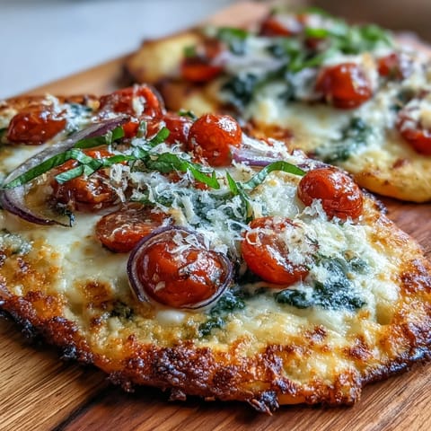 Crispy Garlic Parmesan Naan Pizza mit Käse überbacken und frischem Basilikum garniert.