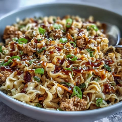Creamy Potsticker Noodle Stir-Fry with ground turkey and ramen on a ceramic plate, garnished with scallions and sesame seeds for an Asian-inspired meal.