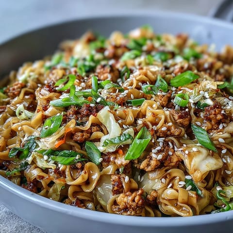 Steam rises from a skillet of Creamy Potsticker Noodle Stir-Fry, featuring coleslaw mix and noodles tossed in a glossy soy-sesame sauce.