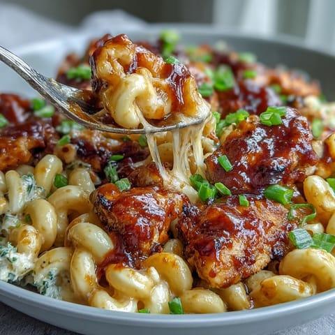 Pfannengericht aus der Küche: Sticky Honey BBQ Chicken Pasta Skillet mit saftigem Hähnchen, schmelzender Cheddar-Käse-Soße und würziger BBQ-Glasur.