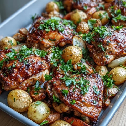 Crispy Ranch Sheet Pan Chicken & Veggies roasted with golden potatoes and tender orange carrots on a wooden table.