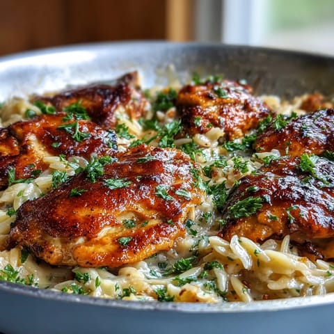 One-Pot Creamy Garlic Parmesan Chicken Orzo glimmt goldbraun in der Pfanne, cremig und duftend nach Knoblauch und Parmesan.