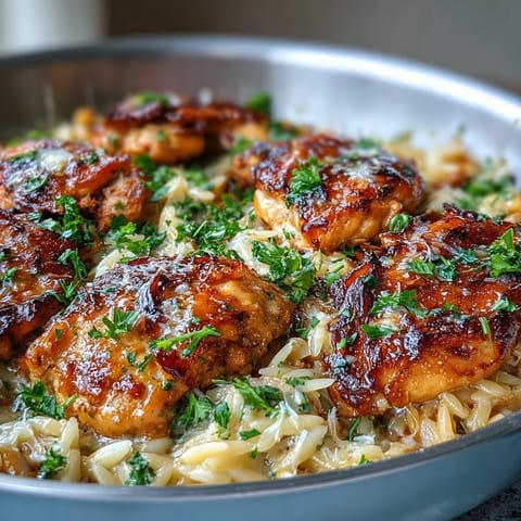 Dieses One-Pot Creamy Garlic Parmesan Chicken Orzo liegt neben frischem Salat und glänzt mit Petersilie und geriebenem Käse.