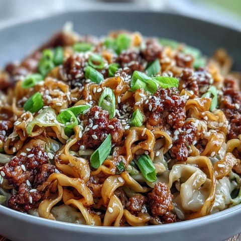Der fertige Creamy Potsticker Noodle Stir-Fry in einer Pfanne mit Käsehobel und Sesam, serviert für 4 Personen.