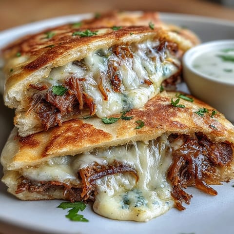 Slow-cooked beef pot roast melts with mozzarella in garlic naan, served hot and golden with a side of savory jus.