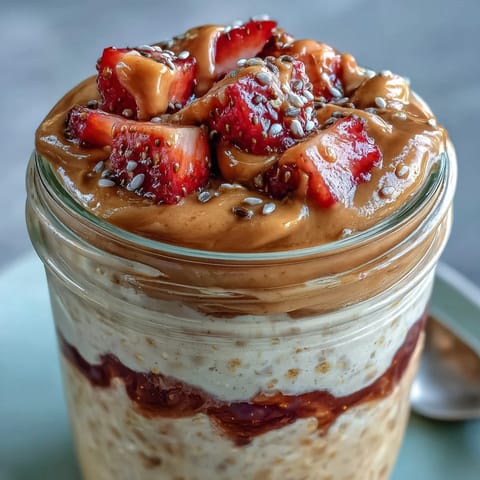 High-Protein Peanut Butter & Jelly Overnight Oats in a glass jar with a vibrant strawberry jam swirl and creamy oat layers.