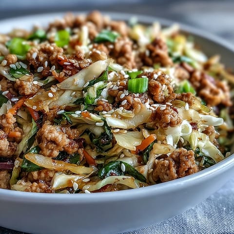 Keto Egg Roll in a Bowl mit Truthahn, Sesamöl und frisch gehacktem Ingwer wird im Wok angerichtet.