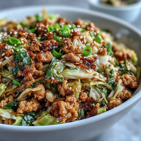 Ein Teller Keto Egg Roll in a Bowl mit Truthahnhack, Coleslaw-Mix und knusprigen Frühlingszwiebeln.