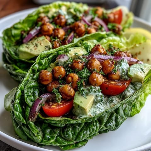Bunter Kichererbsensalat mit cremiger Avocado, knackigen Gemüsesorten und Zitronendressing in frischen Salatblättern.  