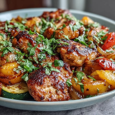 2. Gesunder Sommergenuss: saftiges Hühnchen, reife Mango und knackiges Gemüse auf einem Backblech mit würzigem Chili-Limetten-Marinade.