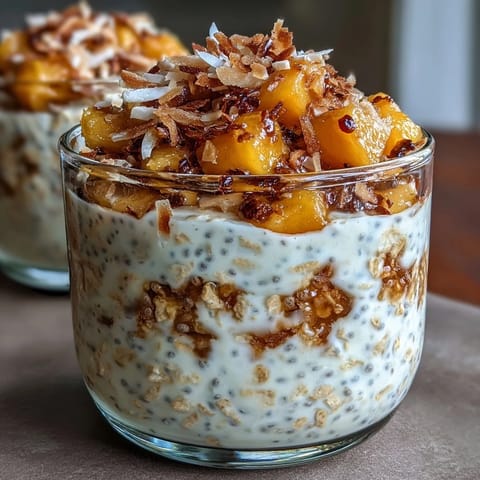 2. Tropische Mango-Chia-Übernacht-Haferflocken mit fruchtigen Mangostücken, Chia-Samen und goldener gerösteter Kokosnuss für einen knusprigen Kontrast.  