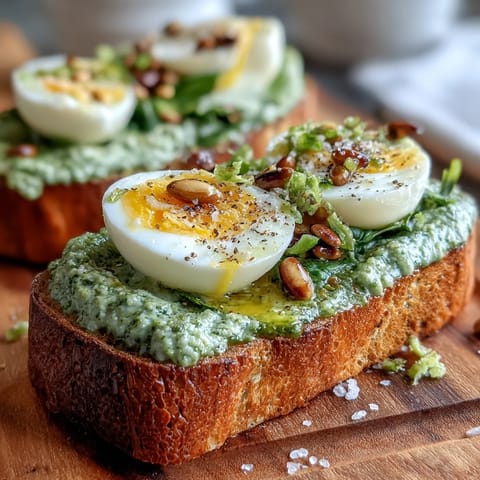 Knuspriger Sauerteig-Toast mit hausgemachtem Spinat-Pesto und perfekt weichgekochtem Ei, serviert mit Meersalz.  