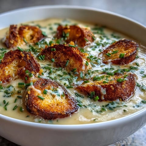 Creamy Leek and Potato Soup mit knusprigen Sauerteig-Croûtons in einer Schüssel