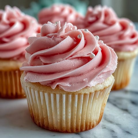 Zarte Vanille Cupcakes mit rosa Buttercreme, perfekt für eine festliche Brautparty – leicht, luftig und süß dekoriert.