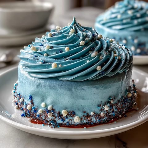 Pisces-Geburtstagskuchen mit Ozean-Galaxie-Buttercreme: Traumhafte blaue und violette Schichten mit funkelnden Sternen.