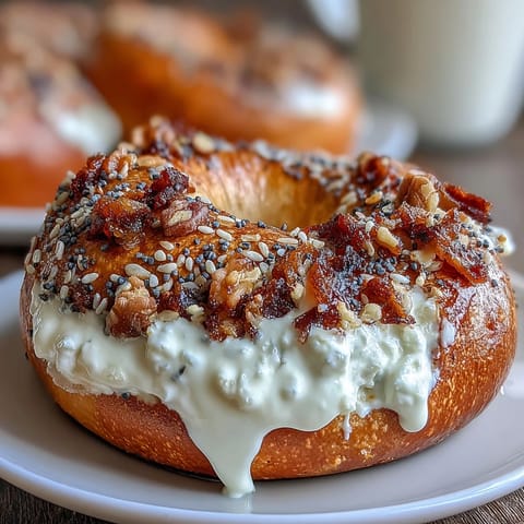 Proteinreiche griechische Joghurt-Bagel mit allem Gewürz, goldbraun und mit würzigem Topping belegt.