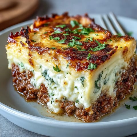 Klassischer Shepherds Pie mit Blumenkohl-Püree-Topping – goldgelbes, cremiges Blumenkohl-Püree über einer herzhaften Lammfleisch-Füllung mit Gemüse.