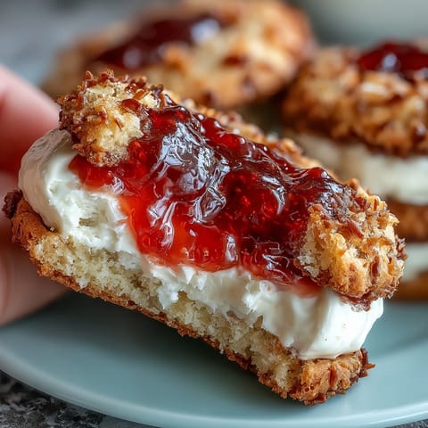 Buttrige Clotted-Cream-Zuckerkekse mit leuchtend roter Erdbeermarmelade in der Mitte, perfekt für die Teezeit.