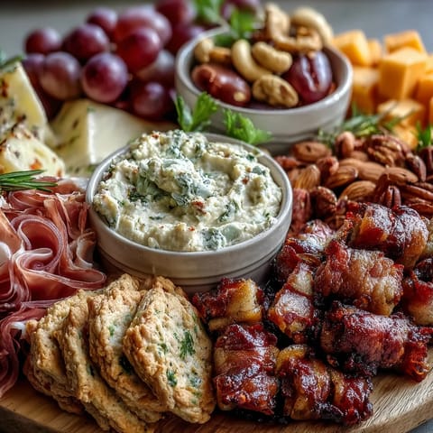 Charcuterie-Board mit Dips und Crackern: Eine farbenfrohe Auswahl an Fleisch, Käse, Dips und frischem Gemüse, perfekt für eine Hausparty.
