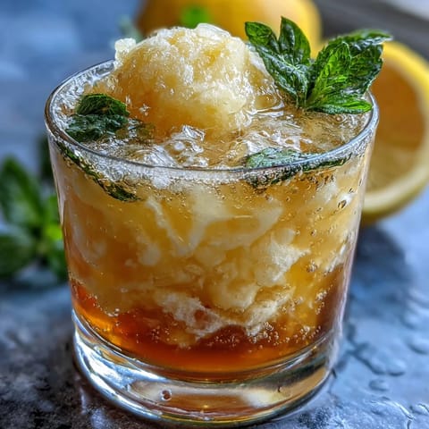 Limoncello-Sorbet-Float mit sprudelndem Wasser in gekühlten Gläsern, garniert mit Zitronenzesten und Minze.