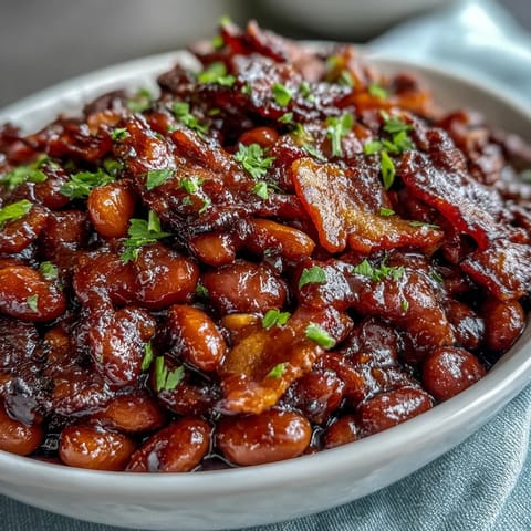 2. A close-up of Summer BBQ Baked Beans with Brown Sugar and Bacon, showcasing tender beans in a glossy, caramelized glaze topped with golden bacon.  