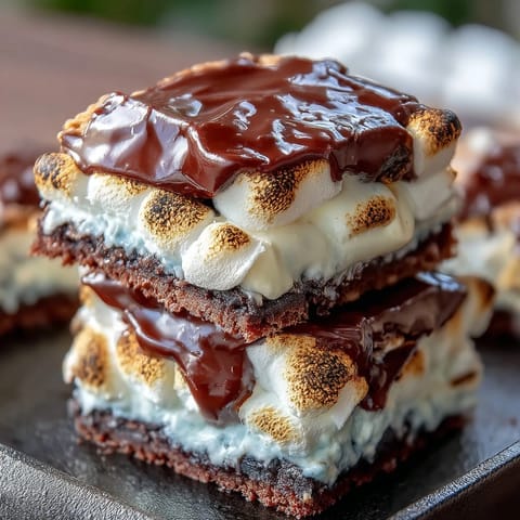 Festlicher, klebriger Smores Dip in einer Gusseisenpfanne mit geschmolzener Schokolade und gerösteten Marshmallows, perfekt für den 4. Juli.