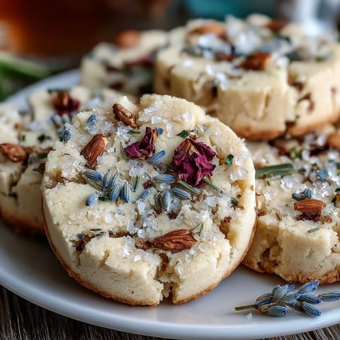 2. Buttrige Shortbread-Kekse mit getrockneten Blütenblättern und einem Hauch Zucker, kunstvoll arrangiert für den Muttertag.