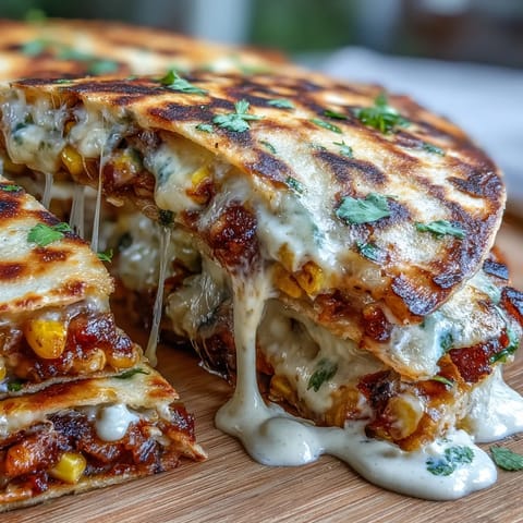 Cinco de Mayo Street Corn Quesadillas mit rauchiger Chipotle-Crema, gefüllt mit gegrilltem Mais und schmelzendem Käse.