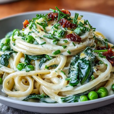 Schöne, leuchtende Frühlingspasta mit Zitronencremesauce und Erbsen, garniert mit frischem Parmesan und Zitronenschale.  