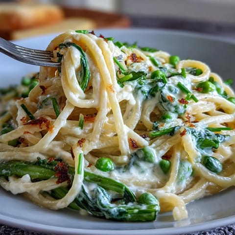 Zarte Linguine in einer seidigen Zitronencremesauce mit frischen Erbsen und Spinat, ein perfektes Frühlingsgericht.  
